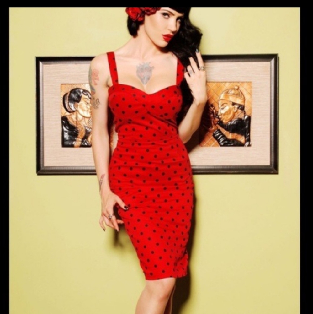 Deadly Dames pinup red dress with black polka dots. Size medium